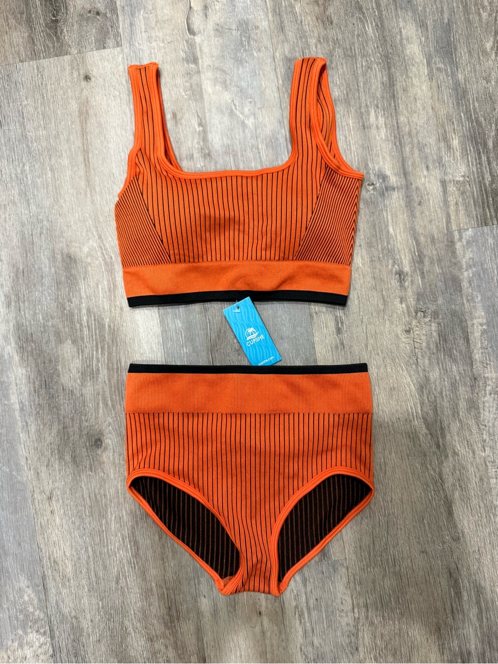 Cupshe Orange Ribbed Two-Piece Swim Set with Black Trim